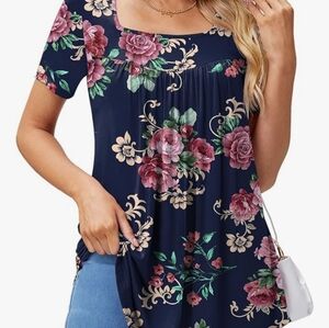 *BRAND NEW*Xpenyo M Women's Casual Petal Sleeve Tunic Pleated Square Neck Top